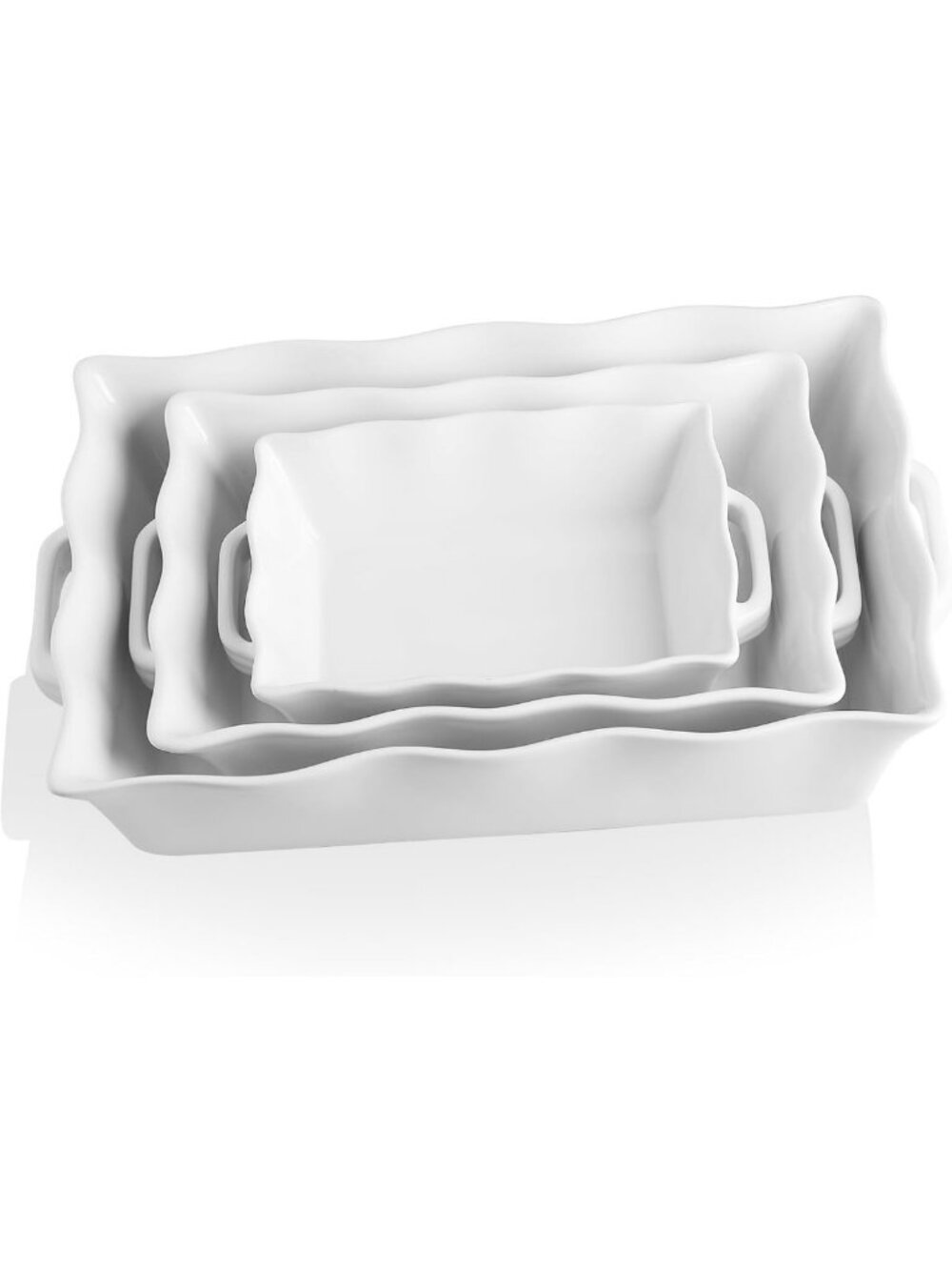 Ceramic Casserole Bakeware Set of 3 - Rectangular Dishes with Handles for